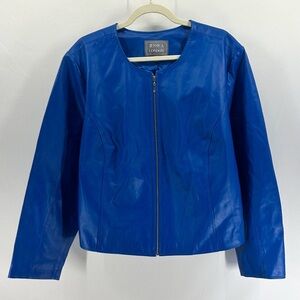 Jessica London Cobalt Blue Leather Cropped Zip Up Collarless Jacket Size 24W